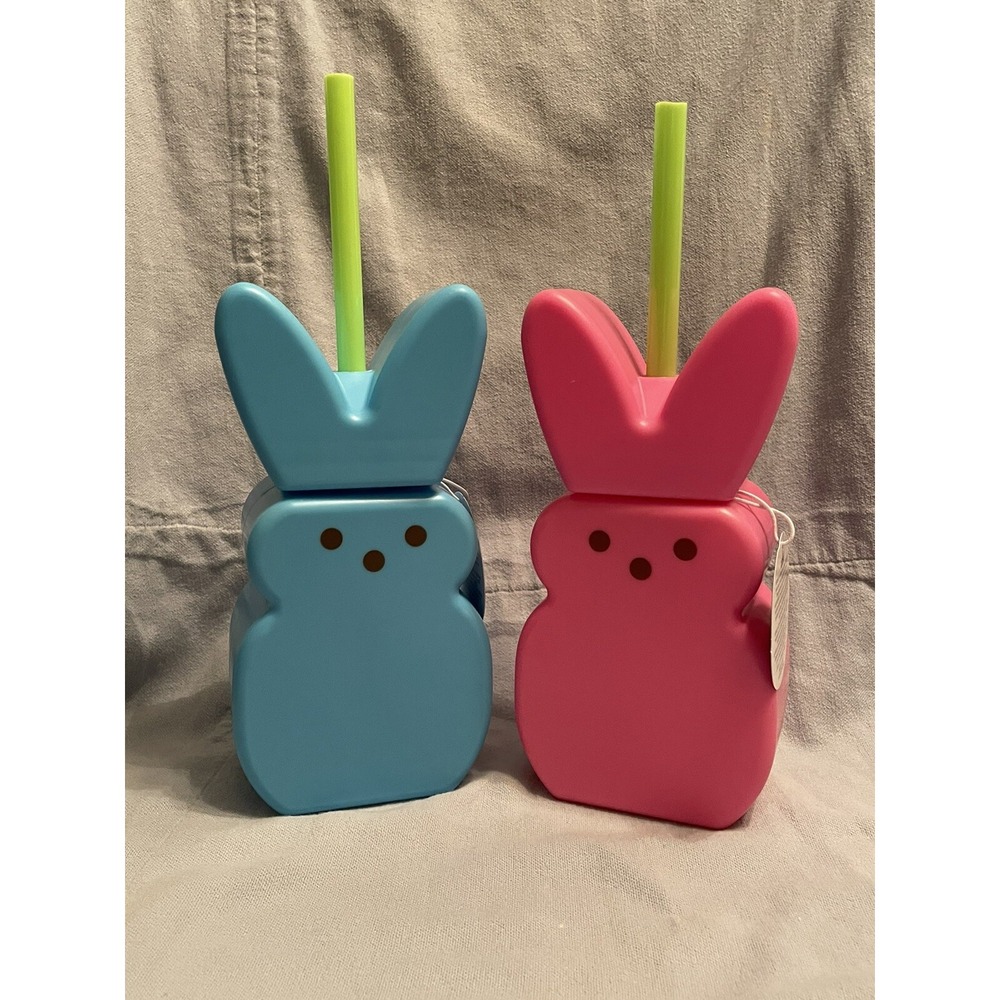 NEW Set of 2 Easter PEEPS Bunny Tumblers Cups‎ w/Lid and Straw 14 oz by Zak!